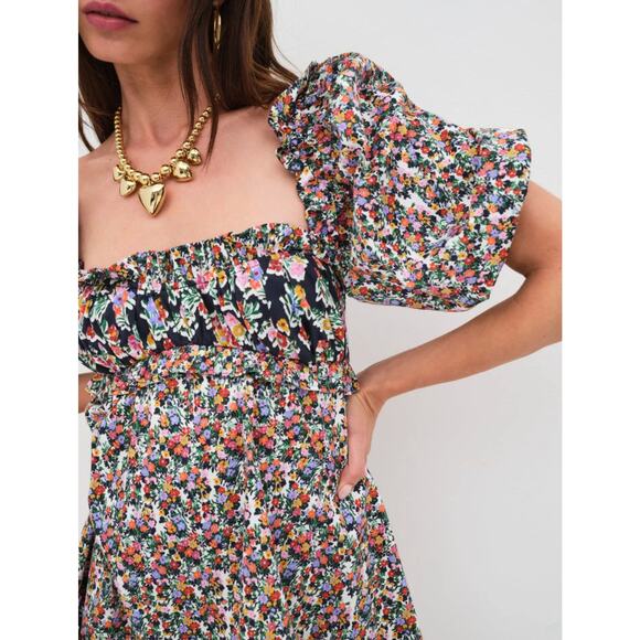 For Love & Lemons Hudson Mini Dress Black Floral Size Medium NWT Stretchy Back - Picture 5 of 15